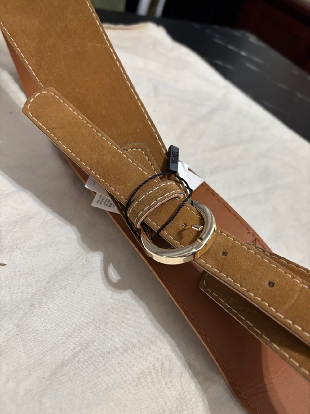 Zara Tan Suede Wide Belt with Gold Ring Buckle